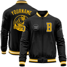 Laden Sie das Bild in den Galerie-Viewer, Uksn Individuelles Bomberjacke in Schwarz-Gold-Weiß mit Reißverschluss und Varsity-Letterman-Stil
