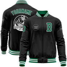 Laden Sie das Bild in den Galerie-Viewer, Uksn Individuelles Bomberjacke in Schwarz-Kelly-Grün-Weiß mit Reißverschluss und Varsity-Letterman-Stil
