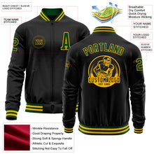 Laden Sie das Bild in den Galerie-Viewer, Uksn Individuelles Bomberjacke in Schwarz-Gold-Grün mit Reißverschluss und Varsity-Letterman-Stil
