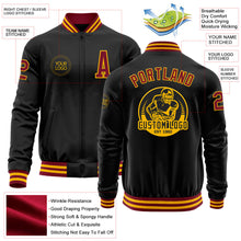 Laden Sie das Bild in den Galerie-Viewer, Uksn Individuelles Bomberjacke in Schwarz-Karmesinrot-Gold mit Reißverschluss und Varsity-Letterman-Stil
