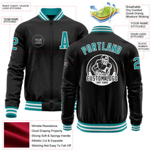Laden Sie das Bild in den Galerie-Viewer, Uksn Individuelles Bomberjacke in Schwarz-Petrol-Weiß mit Reißverschluss und Varsity-Letterman-Stil
