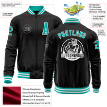 Laden Sie das Bild in den Galerie-Viewer, Uksn Individuelles Bomberjacke in Schwarz-Aqua-Weiß mit Reißverschluss und Varsity-Letterman-Stil
