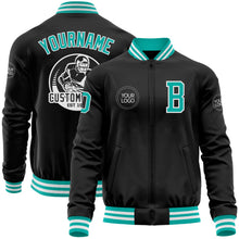 Laden Sie das Bild in den Galerie-Viewer, Uksn Individuelles Bomberjacke in Schwarz-Aqua-Weiß mit Reißverschluss und Varsity-Letterman-Stil
