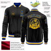 Laden Sie das Bild in den Galerie-Viewer, Uksn Individuelles Bomberjacke in Schwarz-Royalblau-Gelb mit Reißverschluss und Varsity-Letterman-Stil
