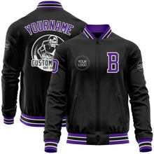Laden Sie das Bild in den Galerie-Viewer, Uksn Individuelles Bomberjacke in Schwarz-Violett-Weiß mit Reißverschluss und Varsity-Letterman-Stil
