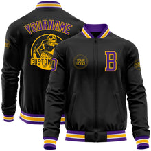 Laden Sie das Bild in den Galerie-Viewer, Uksn Individuelles Bomberjacke in Schwarz-Violett-Gold mit Reißverschluss und Varsity-Letterman-Stil
