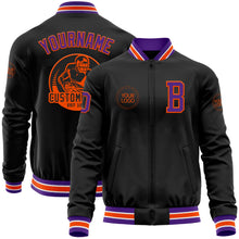Laden Sie das Bild in den Galerie-Viewer, Uksn Individuelles Bomberjacke in Schwarz-Violett-Orange mit Reißverschluss und Varsity-Letterman-Stil
