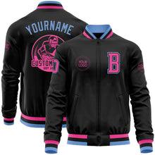 Laden Sie das Bild in den Galerie-Viewer, Uksn Individuelles Bomberjacke in Schwarz-Pink-Hellblau mit Reißverschluss und Varsity-Letterman-Stil
