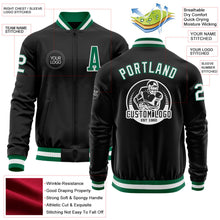 Laden Sie das Bild in den Galerie-Viewer, Uksn Individuelles Bomberjacke in Schwarz-Kelly-Grün-Weiß mit Reißverschluss und Varsity-Letterman-Stil
