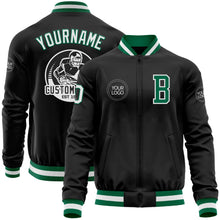 Laden Sie das Bild in den Galerie-Viewer, Uksn Individuelles Bomberjacke in Schwarz-Kelly-Grün-Weiß mit Reißverschluss und Varsity-Letterman-Stil
