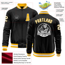 Laden Sie das Bild in den Galerie-Viewer, Uksn Individuelles Bomberjacke in Schwarz-Gold-Weiß mit Reißverschluss und Varsity-Letterman-Stil
