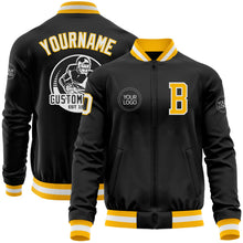 Laden Sie das Bild in den Galerie-Viewer, Uksn Individuelles Bomberjacke in Schwarz-Gold-Weiß mit Reißverschluss und Varsity-Letterman-Stil
