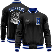Laden Sie das Bild in den Galerie-Viewer, Uksn Individuelles Bomberjacke in Schwarz-Royalblau-Weiß mit Reißverschluss und Varsity-Letterman-Stil
