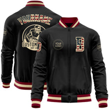 Laden Sie das Bild in den Galerie-Viewer, Uksn Individuelles Bomberjacke in Schwarz-Creme-Kastanienbraun mit Vintage-USA-Flagge, Reißverschluss und Varsity-Letterman-Stil
