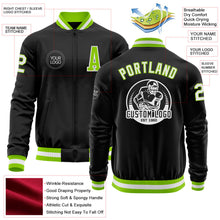 Laden Sie das Bild in den Galerie-Viewer, Uksn Individuelles Bomberjacke in Schwarz-Neongrün-Weiß mit Reißverschluss und Varsity-Letterman-Stil
