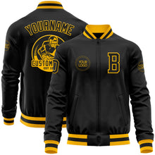 Laden Sie das Bild in den Galerie-Viewer, Uksn Individuelles Bomberjacke in Schwarz-Gold mit Reißverschluss und Varsity-Letterman-Stil
