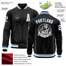 Laden Sie das Bild in den Galerie-Viewer, Uksn Individuelles Bomberjacke in Schwarz-Hellblau-Weiß mit Reißverschluss und Varsity-Letterman-Stil
