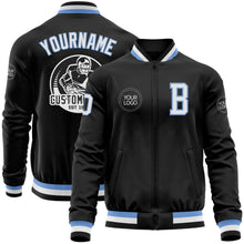 Laden Sie das Bild in den Galerie-Viewer, Uksn Individuelles Bomberjacke in Schwarz-Hellblau-Weiß mit Reißverschluss und Varsity-Letterman-Stil
