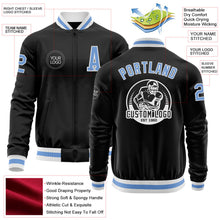 Laden Sie das Bild in den Galerie-Viewer, Uksn Individuelles Bomberjacke in Schwarz-Hellblau-Weiß mit Reißverschluss und Varsity-Letterman-Stil
