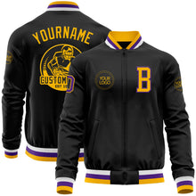 Laden Sie das Bild in den Galerie-Viewer, Uksn Individuelles Bomberjacke in Schwarz-Gold-Violett mit Reißverschluss und Varsity-Letterman-Stil
