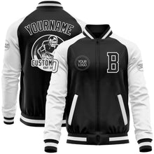 Laden Sie das Bild in den Galerie-Viewer, Uksn Individuelles Bomberjacke in Schwarz-Weiß mit Reißverschluss, Zweifarben-Design und Varsity-Letterman-Stil
