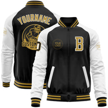 Laden Sie das Bild in den Galerie-Viewer, Uksn Individuelles Bomberjacke in Schwarz-Altgold-Weiß mit Reißverschluss, Zweifarben-Design und Varsity-Letterman-Stil
