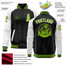 Laden Sie das Bild in den Galerie-Viewer, Uksn Individuelles Bomberjacke in Schwarz-Neongrün-Weiß mit Reißverschluss, Zweifarben-Design und Varsity-Letterman-Stil
