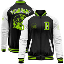 Laden Sie das Bild in den Galerie-Viewer, Uksn Individuelles Bomberjacke in Schwarz-Neongrün-Weiß mit Reißverschluss, Zweifarben-Design und Varsity-Letterman-Stil
