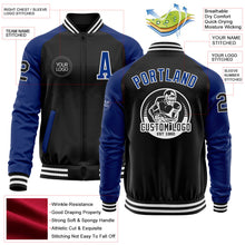 Laden Sie das Bild in den Galerie-Viewer, Uksn Individuelles Bomberjacke in Schwarz-Royalblau-Weiß mit Reißverschluss, Zweifarben-Design und Varsity-Letterman-Stil
