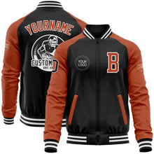 Laden Sie das Bild in den Galerie-Viewer, Uksn Individuelles Bomberjacke in Schwarz-Texas-Orange-Weiß mit Reißverschluss, Zweifarben-Design und Varsity-Letterman-Stil
