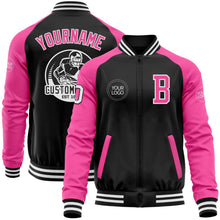 Laden Sie das Bild in den Galerie-Viewer, Uksn Individuelles Bomberjacke in Schwarz-Pink-Weiß mit Reißverschluss, Zweifarben-Design und Varsity-Letterman-Stil
