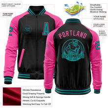 Laden Sie das Bild in den Galerie-Viewer, Uksn Individuelles Bomberjacke in Schwarz-Petrol-Pink mit Reißverschluss, Zweifarben-Design und Varsity-Letterman-Stil
