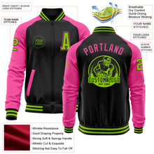 Laden Sie das Bild in den Galerie-Viewer, Uksn Individuelles Bomberjacke in Schwarz-Neongrün-Pink mit Reißverschluss, Zweifarben-Design und Varsity-Letterman-Stil
