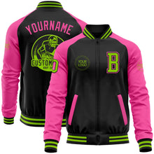 Laden Sie das Bild in den Galerie-Viewer, Uksn Individuelles Bomberjacke in Schwarz-Neongrün-Pink mit Reißverschluss, Zweifarben-Design und Varsity-Letterman-Stil
