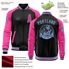 Laden Sie das Bild in den Galerie-Viewer, Uksn Individuelles Bomberjacke in Schwarz-Hellblau-Pink mit Reißverschluss, Zweifarben-Design und Varsity-Letterman-Stil
