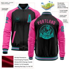 Laden Sie das Bild in den Galerie-Viewer, Uksn Individuelles Bomberjacke in Schwarz-Aqua-Pink mit Reißverschluss, Zweifarben-Design und Varsity-Letterman-Stil
