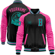 Laden Sie das Bild in den Galerie-Viewer, Uksn Individuelles Bomberjacke in Schwarz-Aqua-Pink mit Reißverschluss, Zweifarben-Design und Varsity-Letterman-Stil
