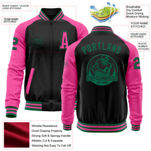 Laden Sie das Bild in den Galerie-Viewer, Uksn Individuelles Bomberjacke in Schwarz-Kelly-Grün-Pink mit Reißverschluss, Zweifarben-Design und Varsity-Letterman-Stil
