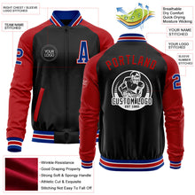 Laden Sie das Bild in den Galerie-Viewer, Uksn Individuelles Bomberjacke in Schwarz-Royalblau-Rot mit Reißverschluss, Zweifarben-Design und Varsity-Letterman-Stil
