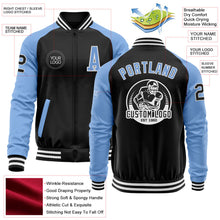 Laden Sie das Bild in den Galerie-Viewer, Uksn Individuelles Bomberjacke in Schwarz-Hellblau-Weiß mit Reißverschluss, Zweifarben-Design und Varsity-Letterman-Stil
