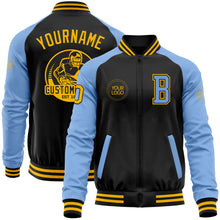 Laden Sie das Bild in den Galerie-Viewer, Uksn Individuelles Bomberjacke in Schwarz-Gold-Hellblau mit Reißverschluss, Zweifarben-Design und Varsity-Letterman-Stil
