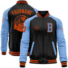 Laden Sie das Bild in den Galerie-Viewer, Uksn Individuelles Bomberjacke in Schwarz-Orange-Hellblau mit Reißverschluss, Zweifarben-Design und Varsity-Letterman-Stil
