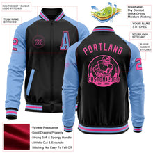 Laden Sie das Bild in den Galerie-Viewer, Uksn Individuelles Bomberjacke in Schwarz-Pink-Hellblau mit Reißverschluss, Zweifarben-Design und Varsity-Letterman-Stil
