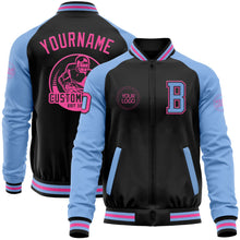 Laden Sie das Bild in den Galerie-Viewer, Uksn Individuelles Bomberjacke in Schwarz-Pink-Hellblau mit Reißverschluss, Zweifarben-Design und Varsity-Letterman-Stil
