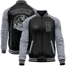 Laden Sie das Bild in den Galerie-Viewer, Uksn Individuelles Bomberjacke in Schwarz-Grau mit Reißverschluss, Zweifarben-Design und Varsity-Letterman-Stil
