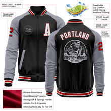 Laden Sie das Bild in den Galerie-Viewer, Uksn Individuelles Bomberjacke in Schwarz-Rot-Grau mit Reißverschluss, Zweifarben-Design und Varsity-Letterman-Stil
