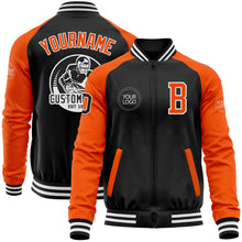Laden Sie das Bild in den Galerie-Viewer, Uksn Individuelles Bomberjacke in Schwarz-Orange-Weiß mit Reißverschluss, Zweifarben-Design und Varsity-Letterman-Stil

