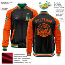 Laden Sie das Bild in den Galerie-Viewer, Uksn Individuelles Bomberjacke in Schwarz-Kelly-Grün-Orange mit Reißverschluss, Zweifarben-Design und Varsity-Letterman-Stil
