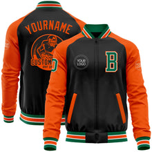 Laden Sie das Bild in den Galerie-Viewer, Uksn Individuelles Bomberjacke in Schwarz-Kelly-Grün-Orange mit Reißverschluss, Zweifarben-Design und Varsity-Letterman-Stil
