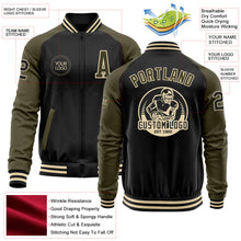 Laden Sie das Bild in den Galerie-Viewer, Uksn Individuelles Bomberjacke in Schwarz-Oliv-Creme mit Reißverschluss, Zweifarben-Design und Varsity-Letterman-Stil
